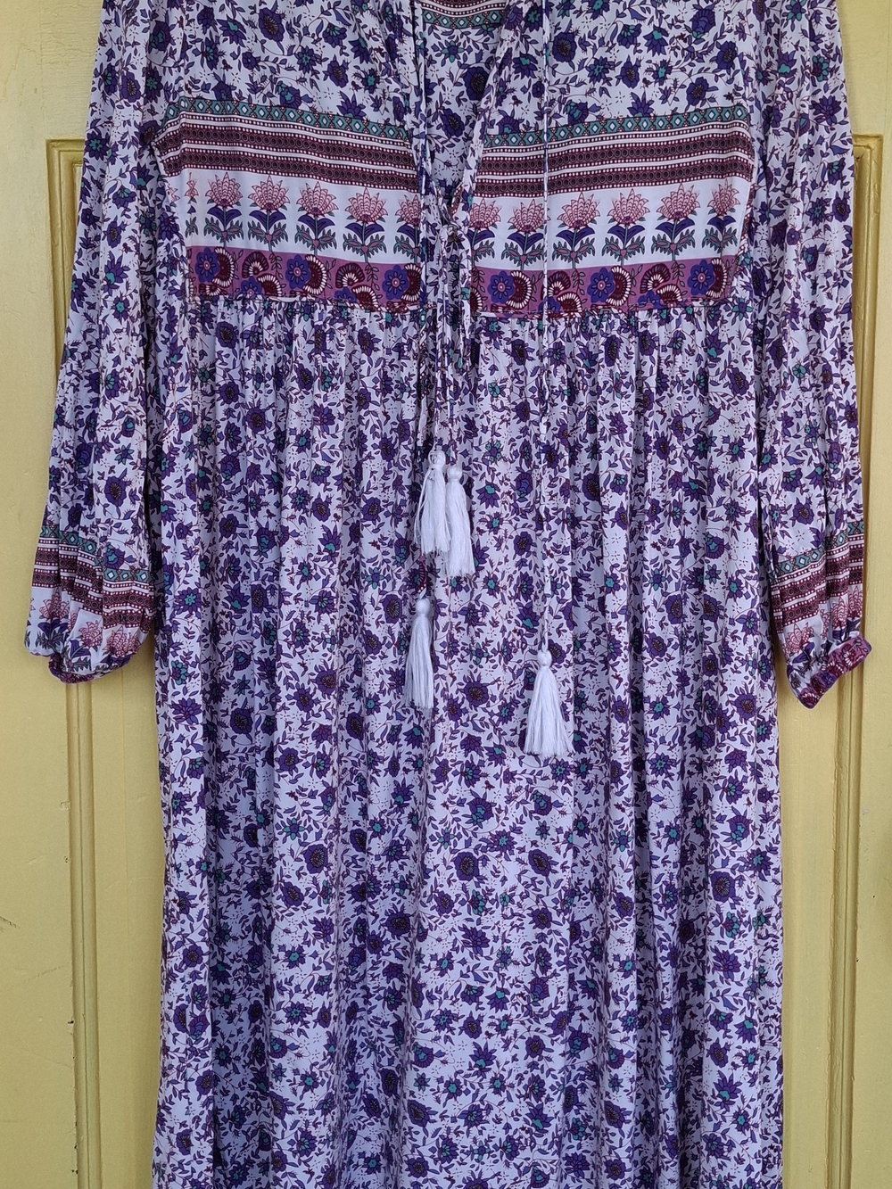 Bohemian Lavender Floral Maxi Dress with Tassel Tie